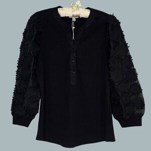 Chico’s Black Blouse with Textured Floral Balloon Sleeves | Size 1 (M) | NWT